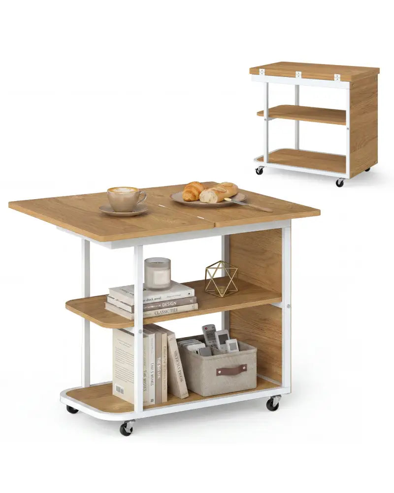 Mobile Night Stand with Foldable Swivel Top and 2-Tier Shelf for Small Spaces-Natural - Gray - End & Side Tables