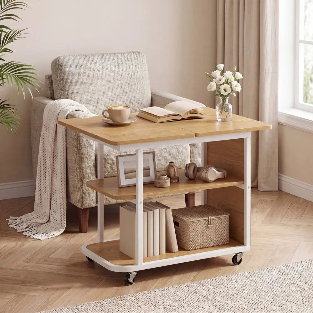 Mobile Night Stand with Foldable Swivel Top and 2-Tier Shelf for Small Spaces-Natural - Gray - End & Side Tables
