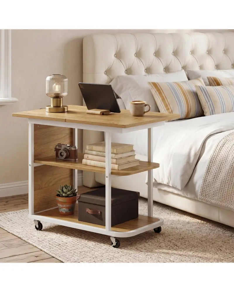 Mobile Night Stand with Foldable Swivel Top and 2-Tier Shelf for Small Spaces-Natural - Gray - End & Side Tables
