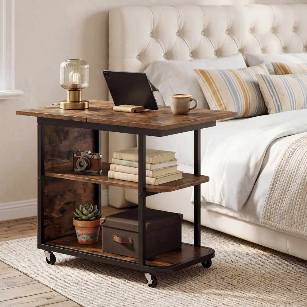 Mobile Night Stand with Foldable Swivel Top and 2-Tier Shelf for Small Spaces-Rustic Brown - Rustic Brown - End & Side