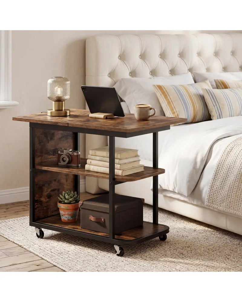 Mobile Night Stand with Foldable Swivel Top and 2-Tier Shelf for Small Spaces-Rustic Brown - Rustic Brown - End & Side
