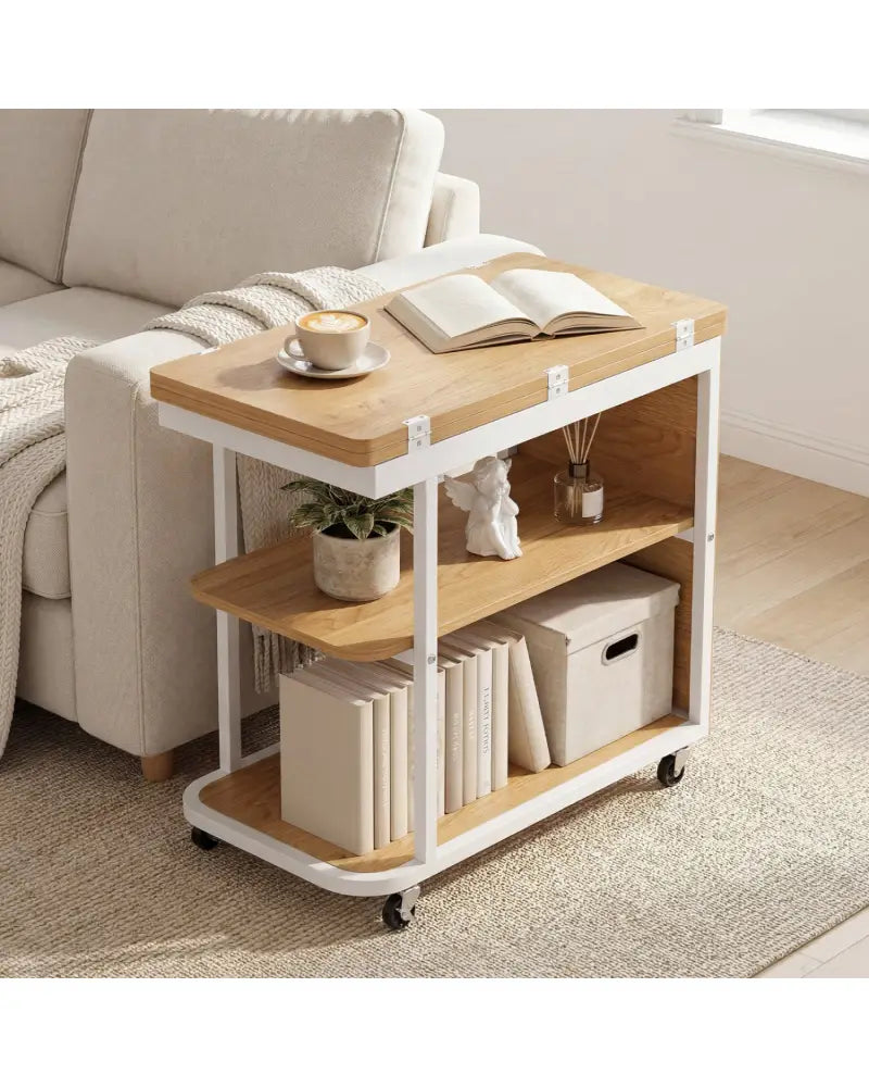 Mobile Night Stand with Foldable Swivel Top and 2-Tier Shelf for Small Spaces-Natural - Gray - End & Side Tables