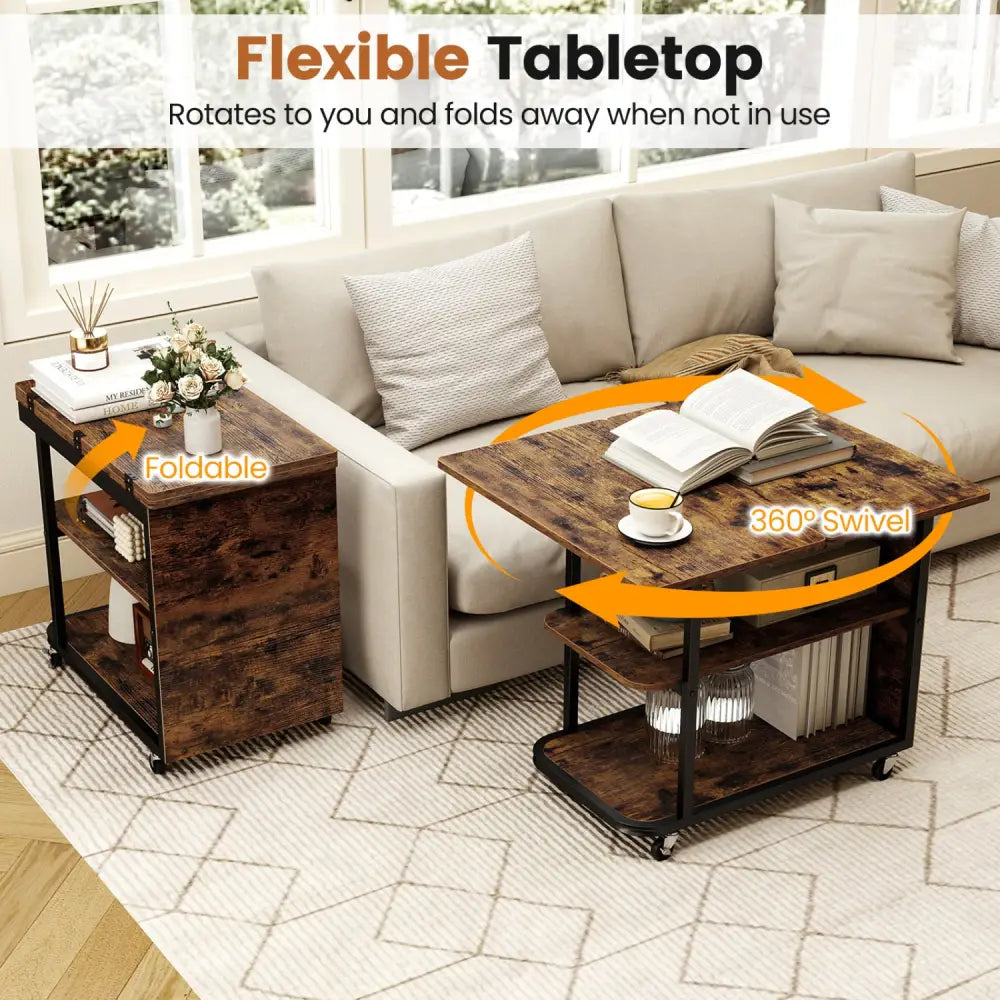 Mobile Night Stand with Foldable Swivel Top and 2-Tier Shelf for Small Spaces-Rustic Brown - Rustic Brown - End & Side