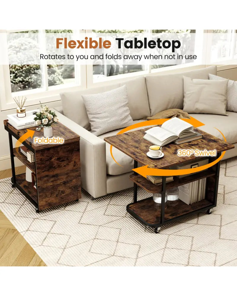 Mobile Night Stand with Foldable Swivel Top and 2-Tier Shelf for Small Spaces-Rustic Brown - Rustic Brown - End & Side