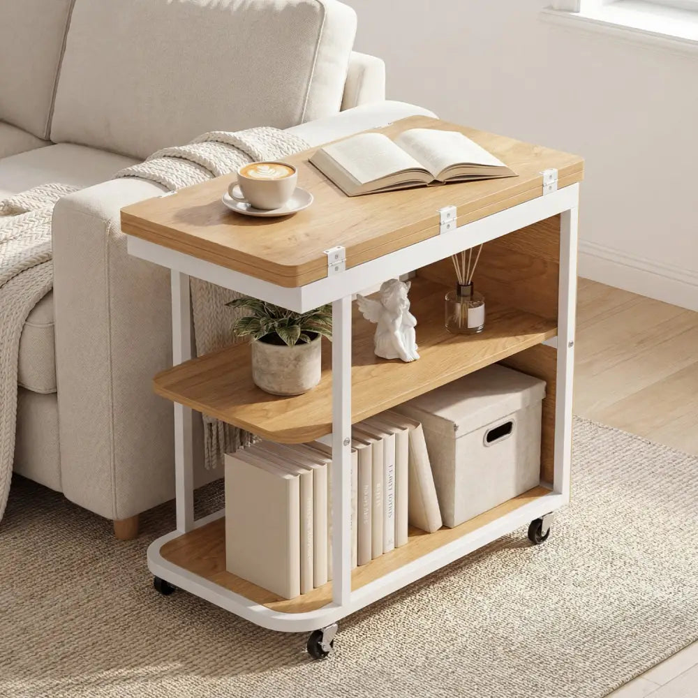 Mobile Night Stand with Foldable Swivel Top and 2-Tier Shelf for Small Spaces-Natural - Gray - End & Side Tables
