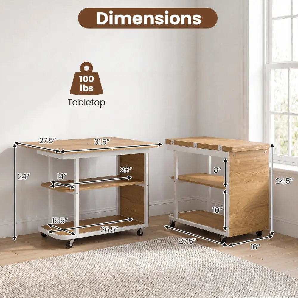 Mobile Night Stand with Foldable Swivel Top and 2-Tier Shelf for Small Spaces-Natural - Gray - End & Side Tables