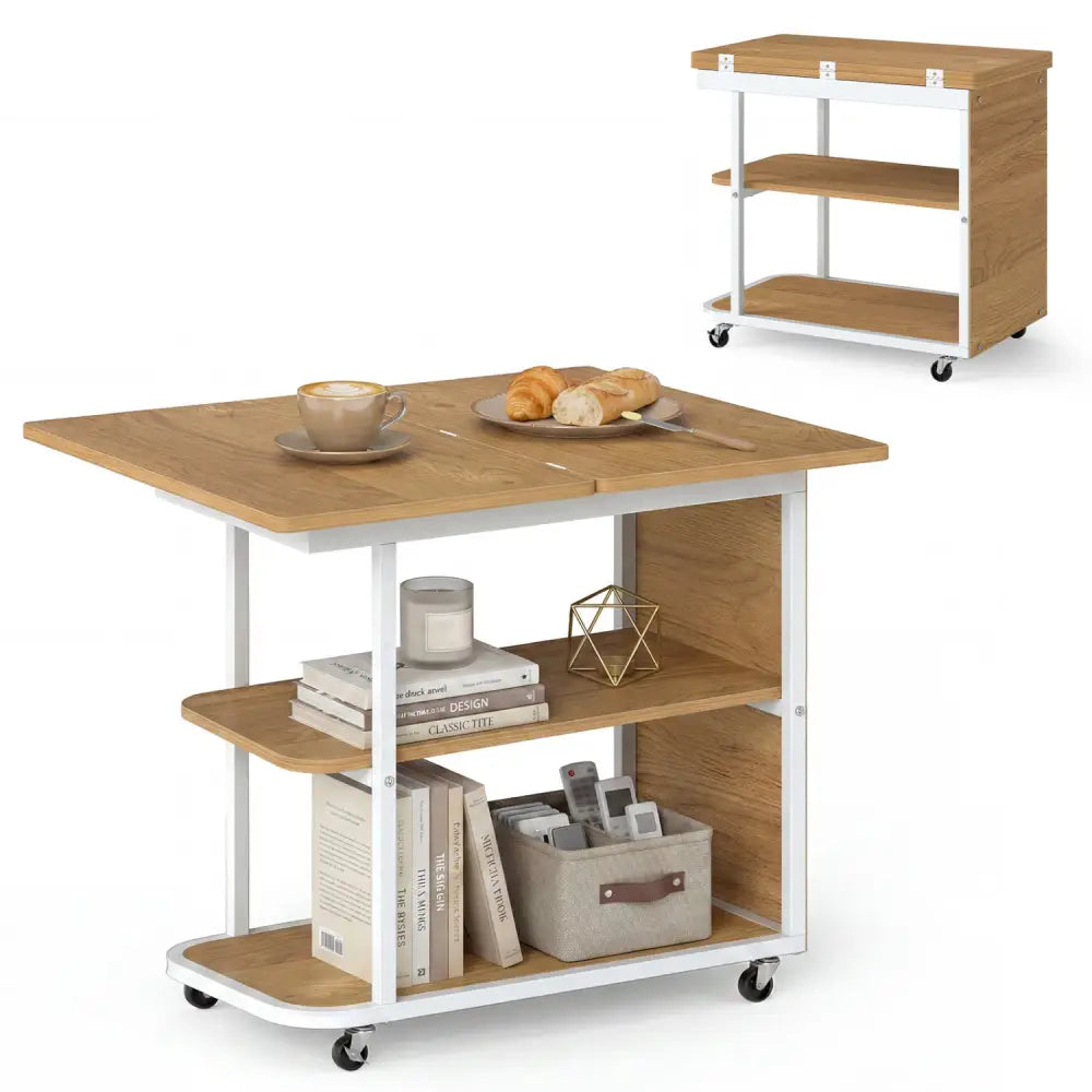 Mobile Night Stand with Foldable Swivel Top and 2-Tier Shelf for Small Spaces-Natural - Gray - End & Side Tables