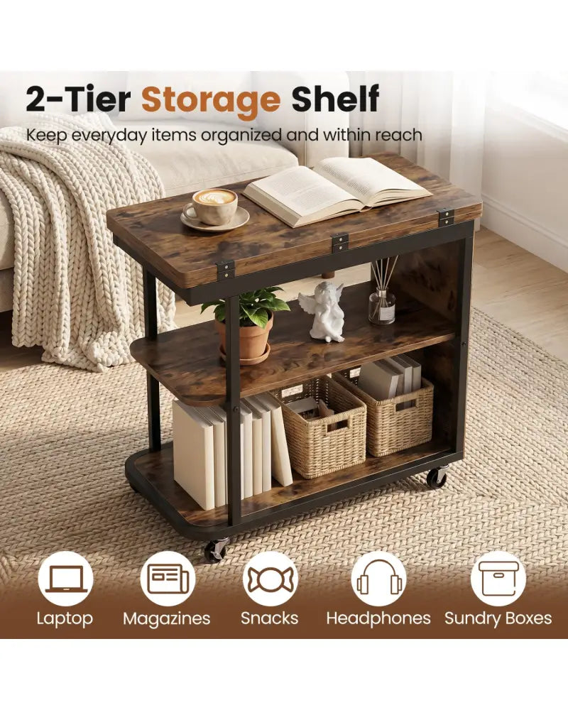 Mobile Night Stand with Foldable Swivel Top and 2-Tier Shelf for Small Spaces-Rustic Brown - Rustic Brown - End & Side