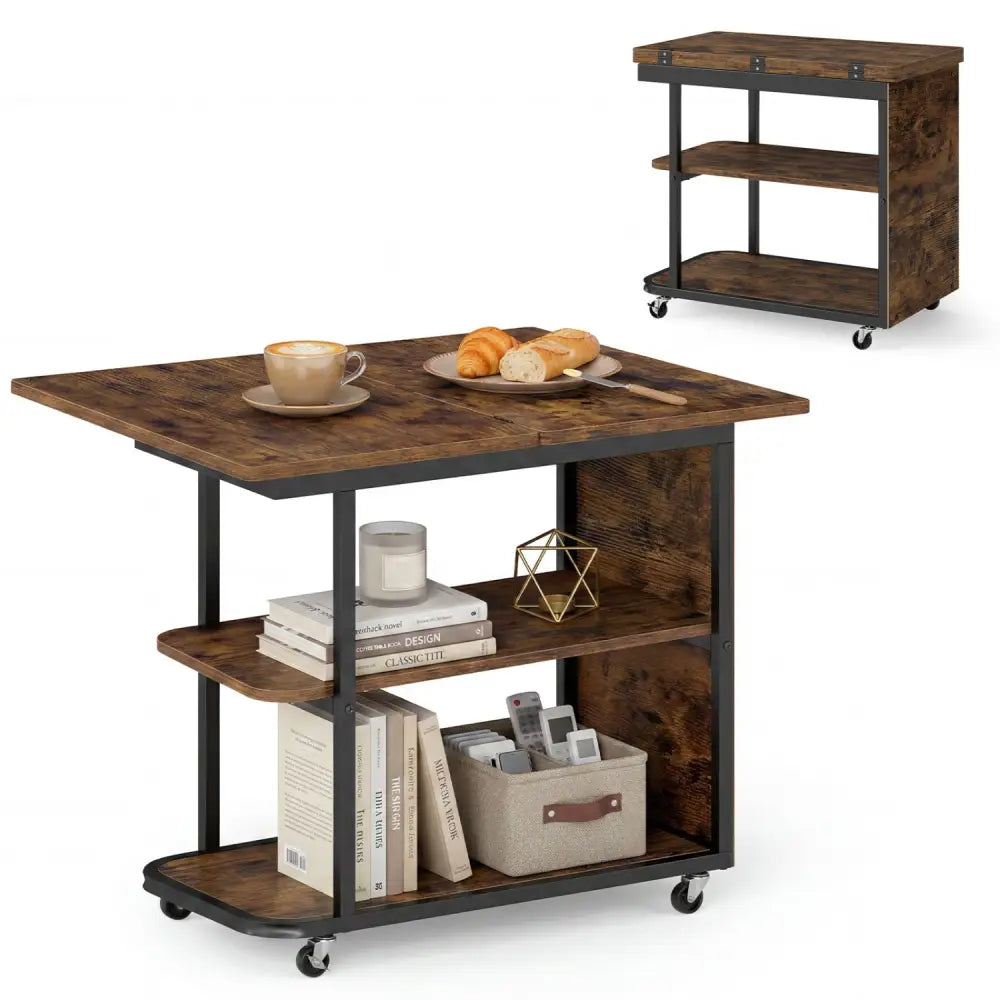 Mobile Night Stand with Foldable Swivel Top and 2-Tier Shelf for Small Spaces-Rustic Brown - Rustic Brown - End & Side