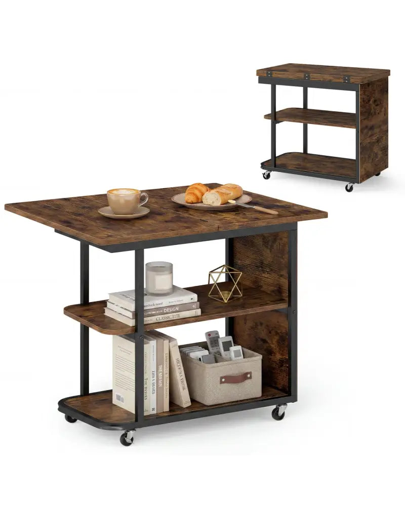 Mobile Night Stand with Foldable Swivel Top and 2-Tier Shelf for Small Spaces-Rustic Brown - Rustic Brown - End & Side
