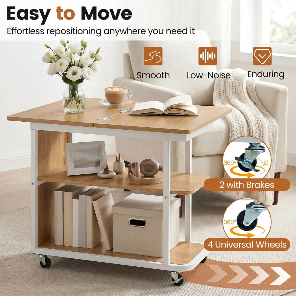 Mobile Night Stand with Foldable Swivel Top and 2-Tier Shelf for Small Spaces-Natural - Gray - End & Side Tables