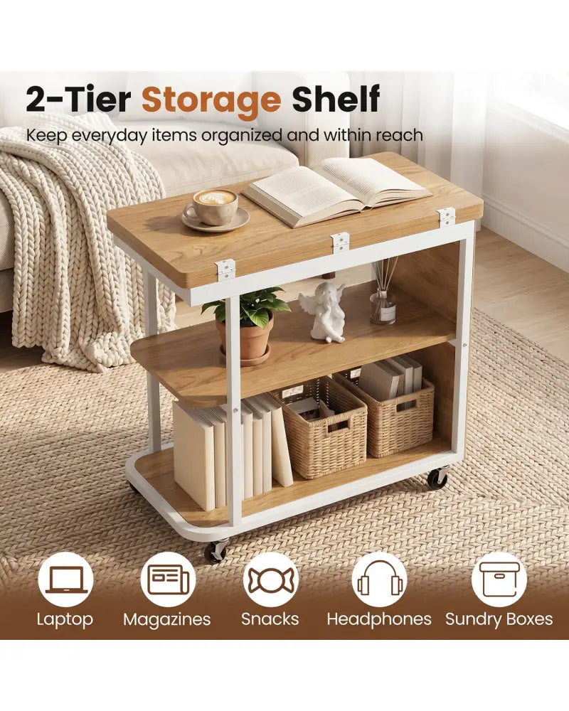 Mobile Night Stand with Foldable Swivel Top and 2-Tier Shelf for Small Spaces-Natural - Gray - End & Side Tables