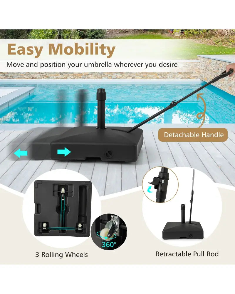 Mobile Patio Umbrella Base Water Sand Fillable Market Table Umbrella Stand with 3 Wheels-Black - Black - Outdoor