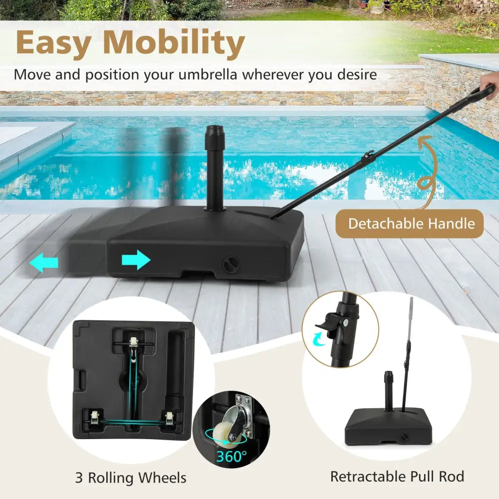 Mobile Patio Umbrella Base Water Sand Fillable Market Table Umbrella Stand with 3 Wheels-Black - Black - Outdoor
