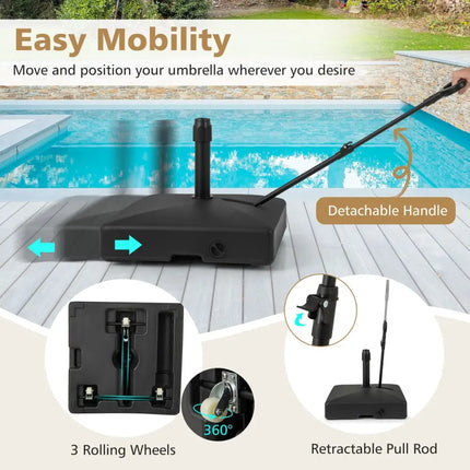 Mobile Patio Umbrella Base Water Sand Fillable Market Table Umbrella Stand with 3 Wheels-Black - Black - Outdoor