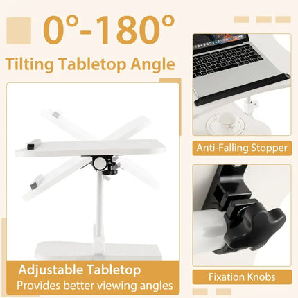 Mobile Podium Stand Height Adjustable Laptop Cart with Tilting Tabletop and Storage Compartments-White - White - Laptop