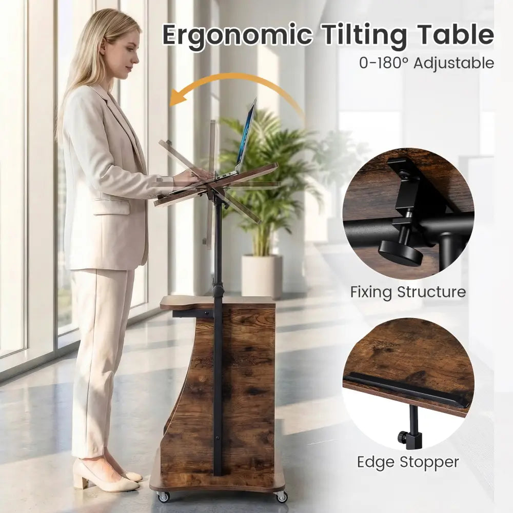 Mobile Podium Stand Height Adjustable Laptop Cart with Tilting Tabletop and Storage Compartments-Rustic Brown - Rustic
