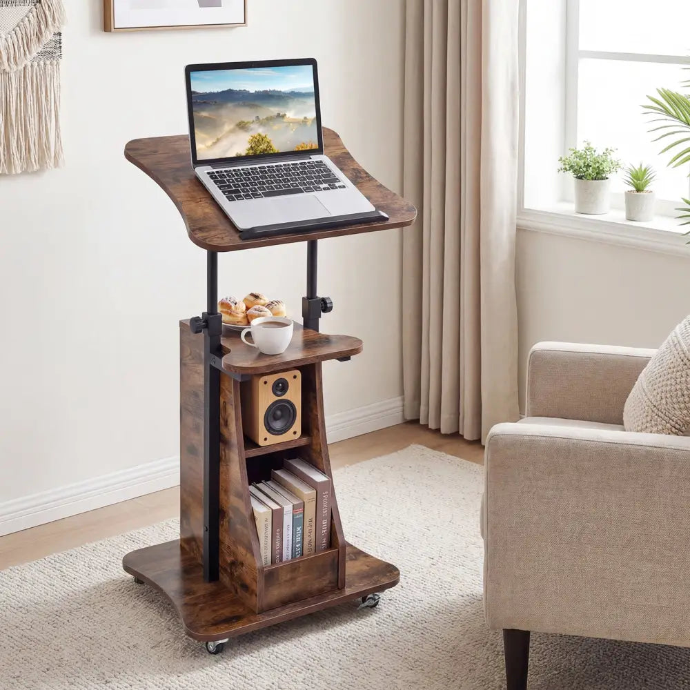 Mobile Podium Stand Height Adjustable Laptop Cart with Tilting Tabletop and Storage Compartments-Rustic Brown - Rustic