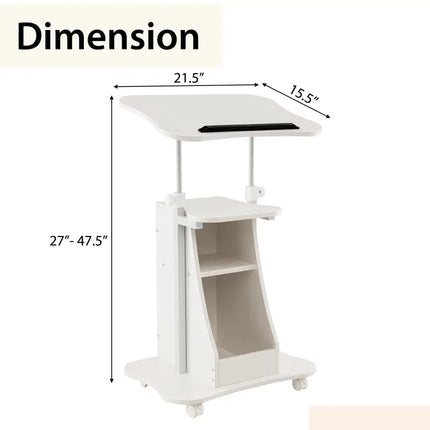 Mobile Podium Stand Height Adjustable Laptop Cart with Tilting Tabletop and Storage Compartments-White - White - Laptop