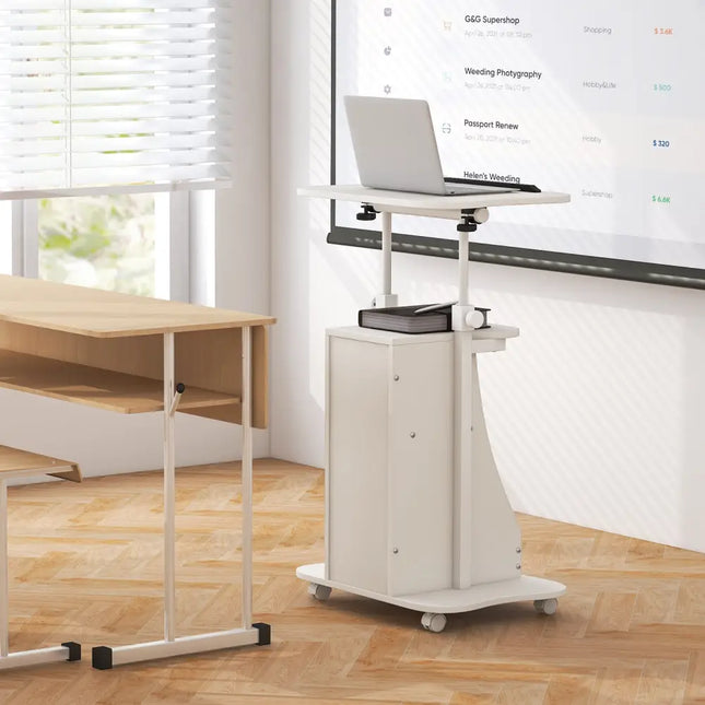 Mobile Podium Stand Height Adjustable Laptop Cart with Tilting Tabletop and Storage Compartments-White - White - Laptop