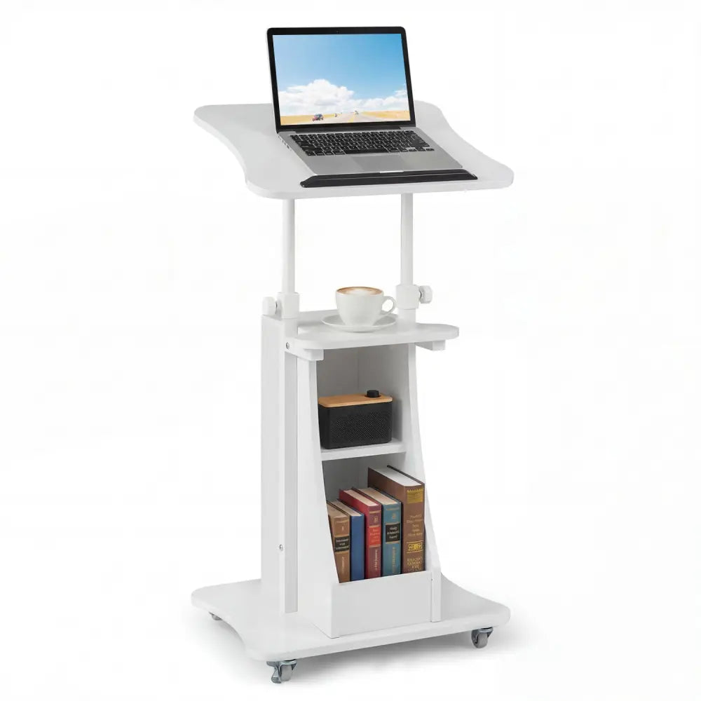 Mobile Podium Stand Height Adjustable Laptop Cart with Tilting Tabletop and Storage Compartments-White - White - Laptop