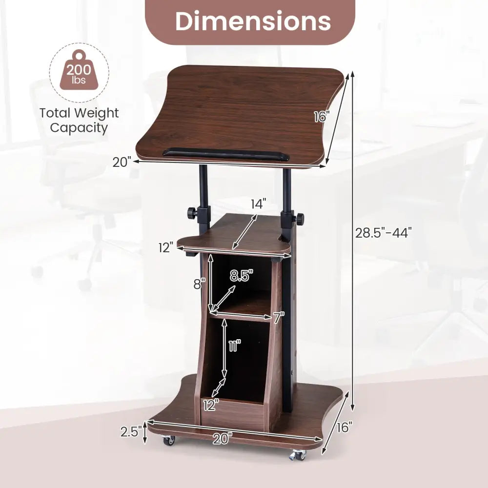 Mobile Podium Stand Height Adjustable Laptop Cart with Tilting Tabletop and Storage Compartments-Brown - Brown - Laptop