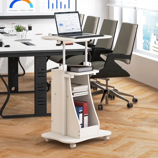 Mobile Podium Stand Height Adjustable Laptop Cart with Tilting Tabletop and Storage Compartments-White - White - Laptop