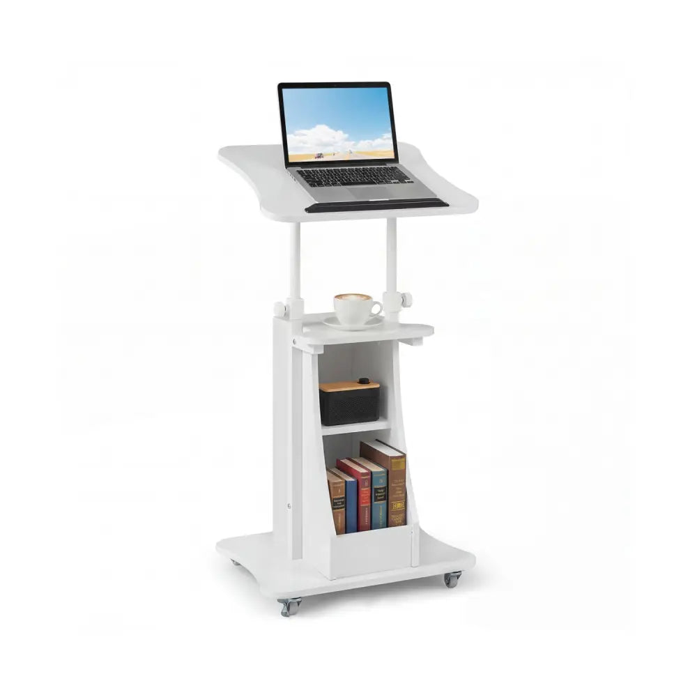 Mobile Podium Stand Height Adjustable Laptop Cart with Tilting Tabletop and Storage Compartments-White - White - Laptop