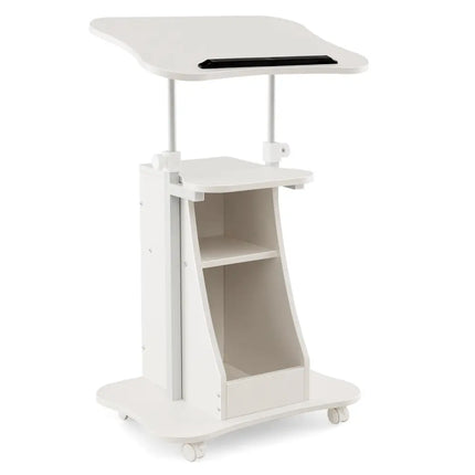 Mobile Podium Stand Height Adjustable Laptop Cart with Tilting Tabletop and Storage Compartments-White - White - Laptop