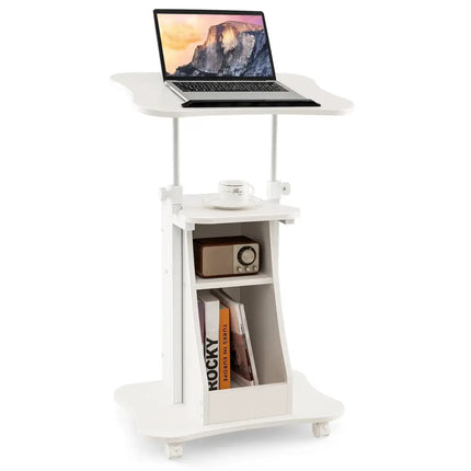 Mobile Podium Stand Height Adjustable Laptop Cart with Tilting Tabletop and Storage Compartments-White - White - Laptop