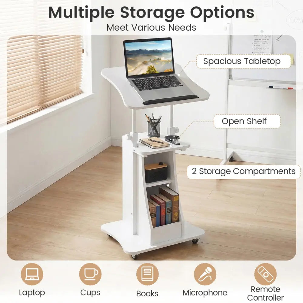 Mobile Podium Stand Height Adjustable Laptop Cart with Tilting Tabletop and Storage Compartments-White - White - Laptop
