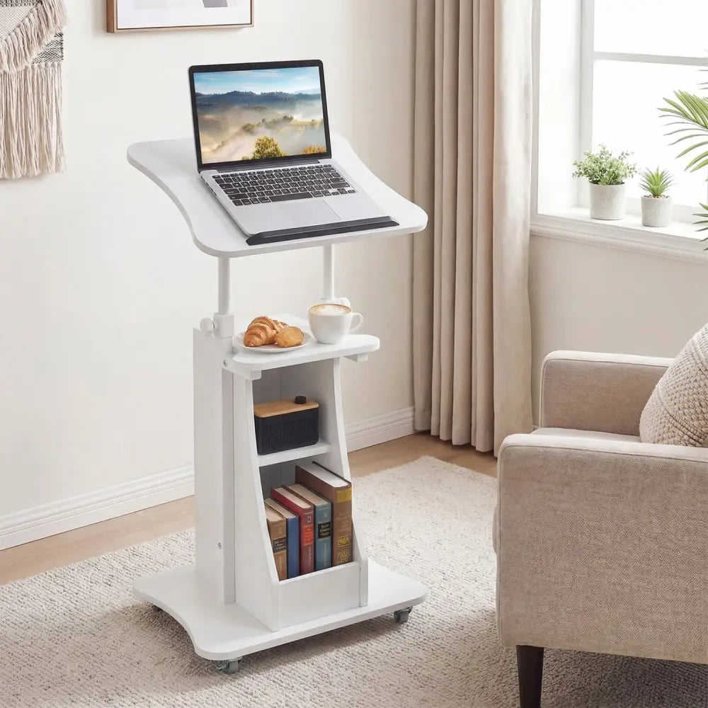 Mobile Podium Stand Height Adjustable Laptop Cart with Tilting Tabletop and Storage Compartments-White - White - Laptop