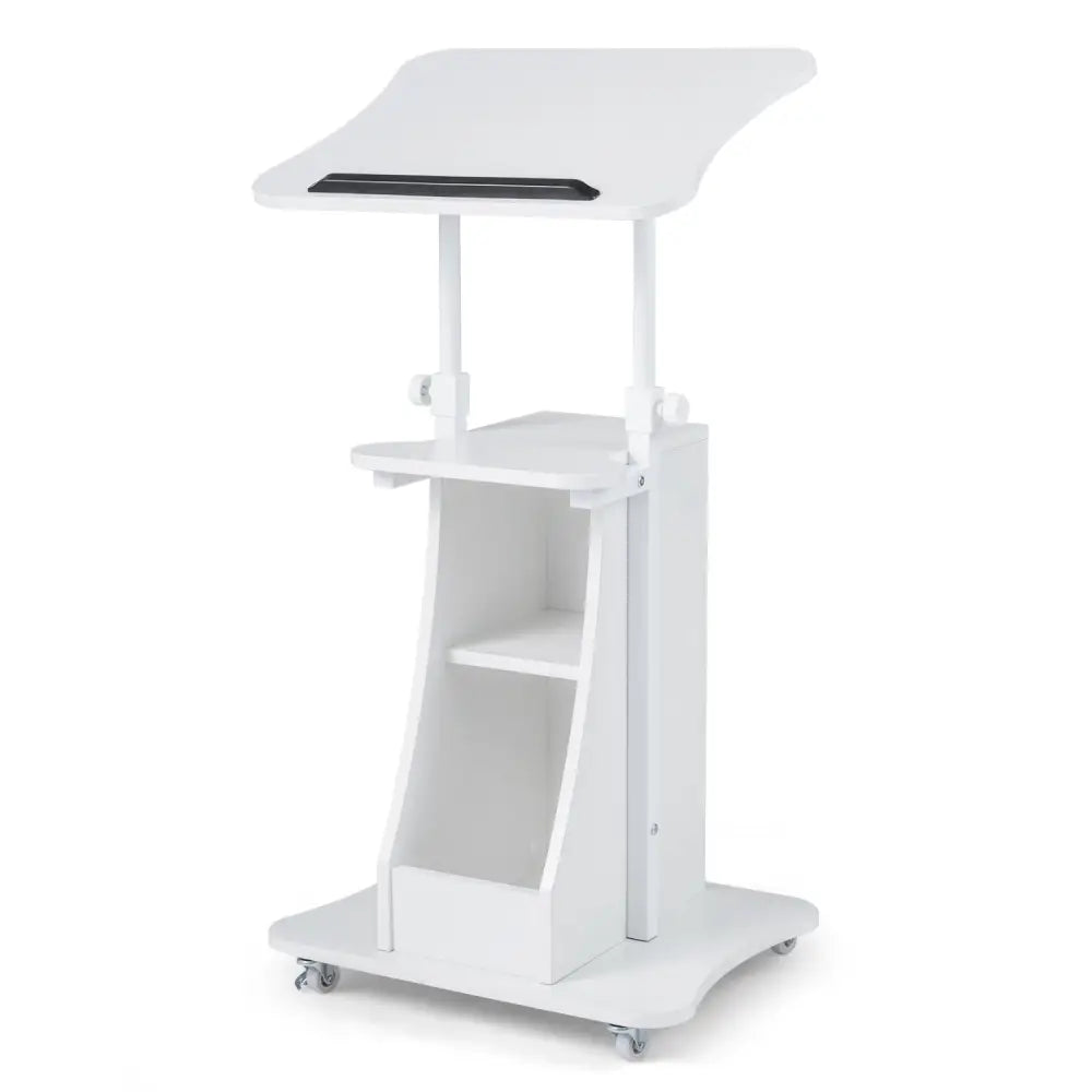 Mobile Podium Stand Height Adjustable Laptop Cart with Tilting Tabletop and Storage Compartments-White - White - Laptop