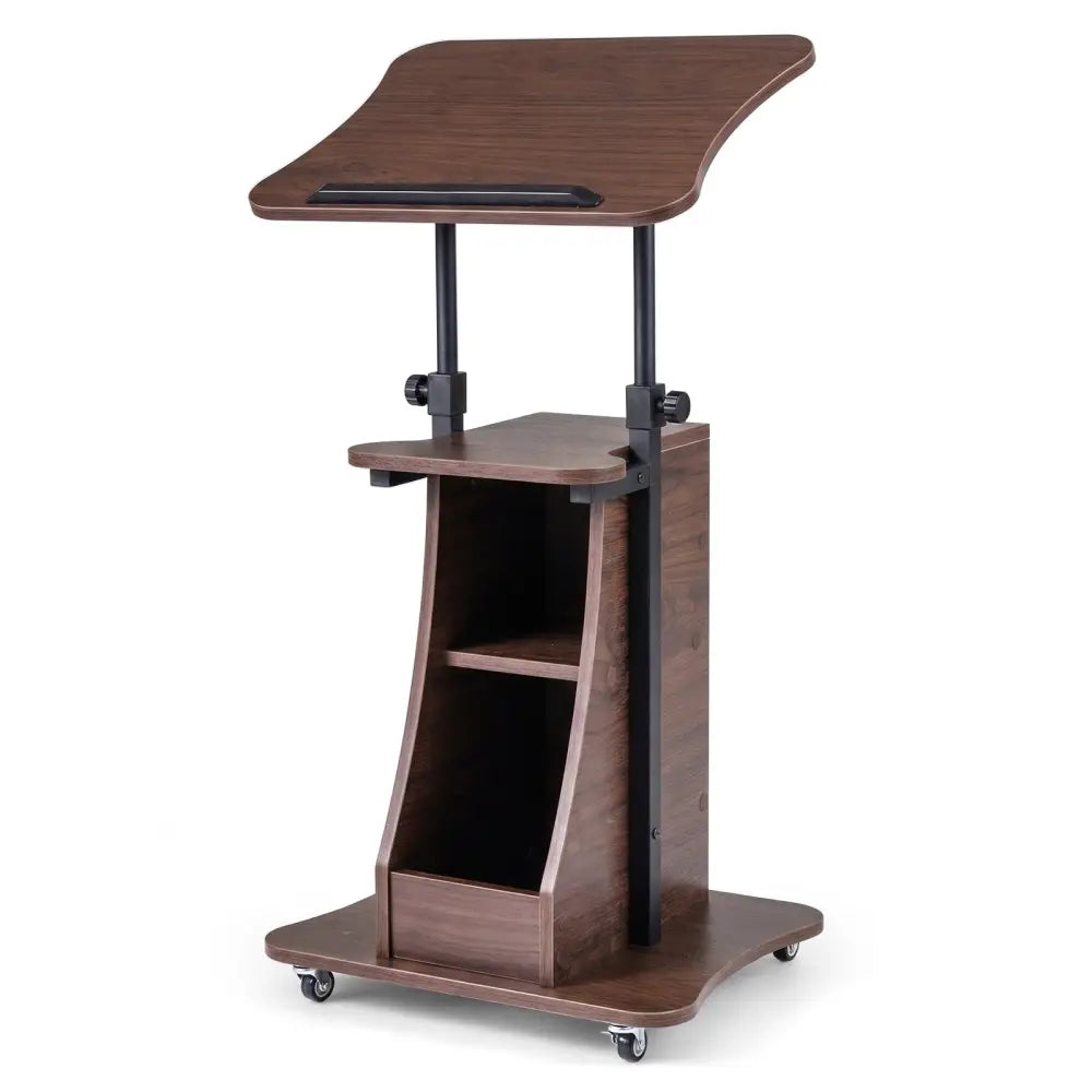 Mobile Podium Stand Height Adjustable Laptop Cart with Tilting Tabletop and Storage Compartments-Brown - Brown - Laptop