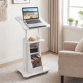 Mobile Podium Stand Height Adjustable Laptop Cart with Tilting Tabletop and Storage Compartments-White - White - Laptop