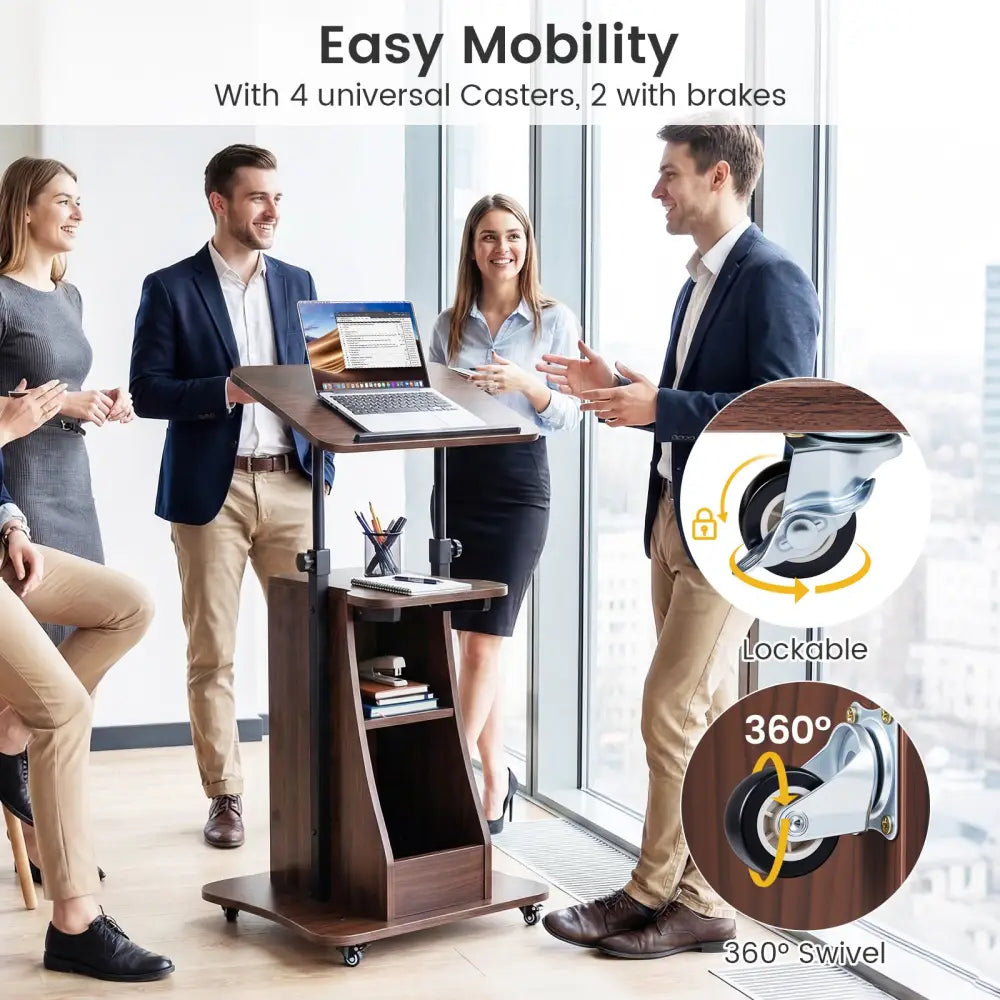Mobile Podium Stand Height Adjustable Laptop Cart with Tilting Tabletop and Storage Compartments-Brown - Brown - Laptop