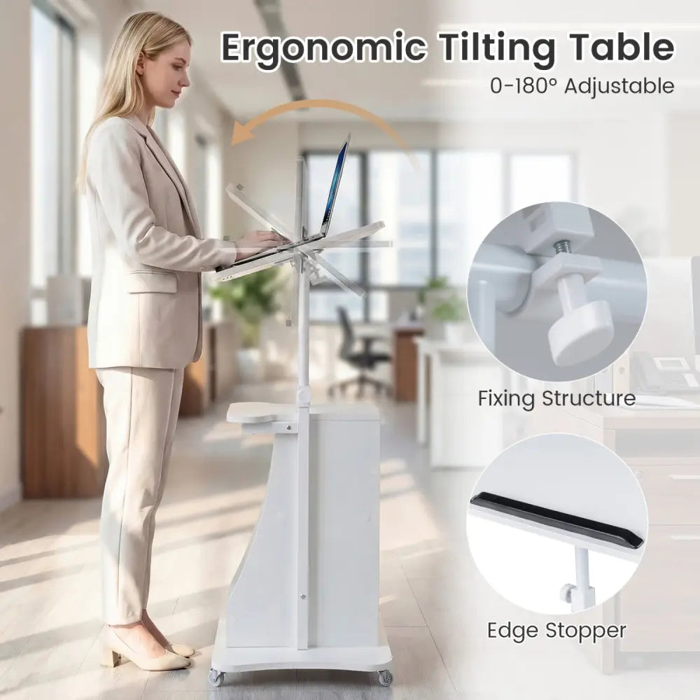 Mobile Podium Stand Height Adjustable Laptop Cart with Tilting Tabletop and Storage Compartments-White - White - Laptop