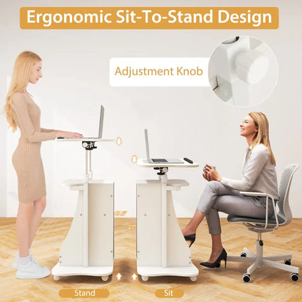 Mobile Podium Stand Height Adjustable Laptop Cart with Tilting Tabletop and Storage Compartments-White - White - Laptop