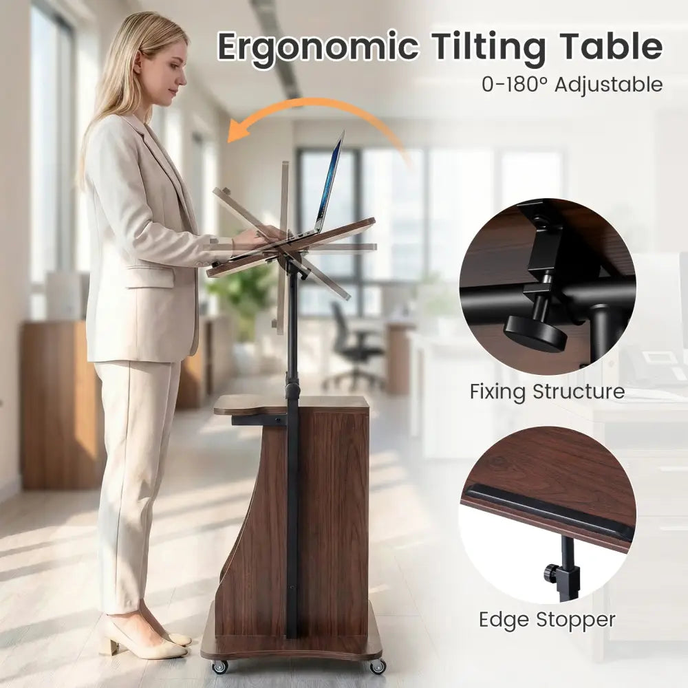 Mobile Podium Stand Height Adjustable Laptop Cart with Tilting Tabletop and Storage Compartments-Brown - Brown - Laptop