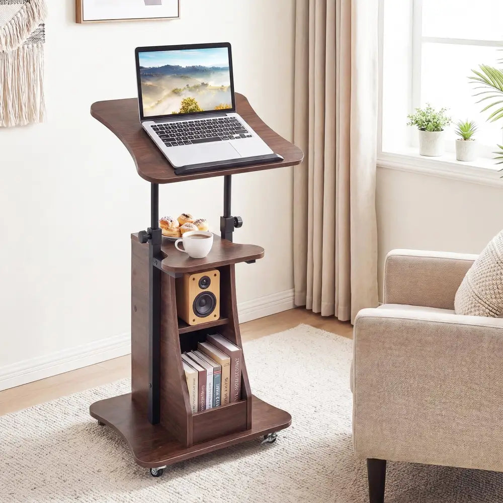 Mobile Podium Stand Height Adjustable Laptop Cart with Tilting Tabletop and Storage Compartments-Brown - Brown - Laptop