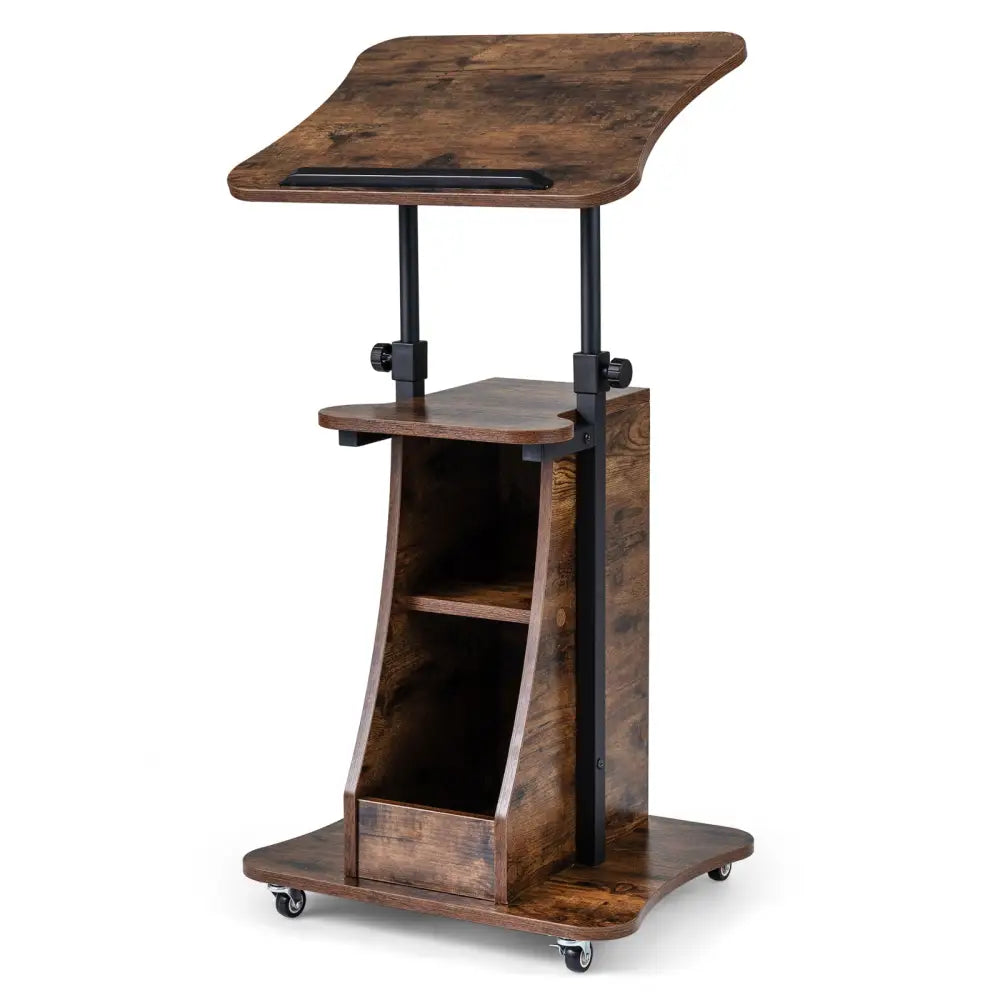 Mobile Podium Stand Height Adjustable Laptop Cart with Tilting Tabletop and Storage Compartments-Rustic Brown - Rustic