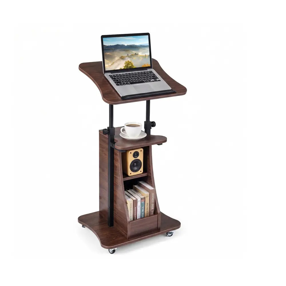 Mobile Podium Stand Height Adjustable Laptop Cart with Tilting Tabletop and Storage Compartments-Brown - Brown - Laptop