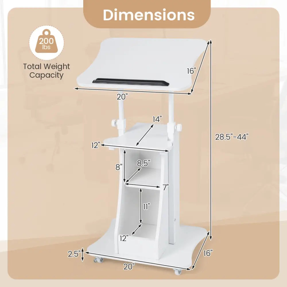 Mobile Podium Stand Height Adjustable Laptop Cart with Tilting Tabletop and Storage Compartments-White - White - Laptop
