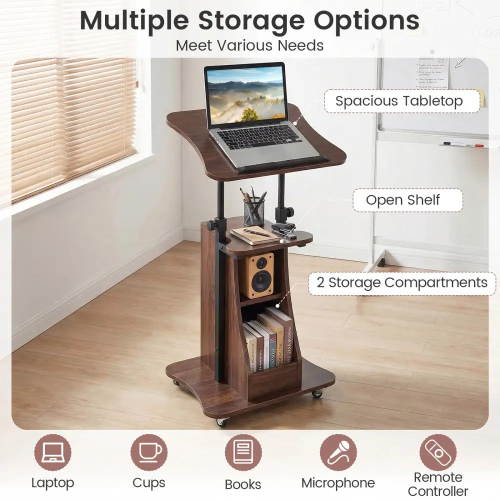 Mobile Podium Stand Height Adjustable Laptop Cart with Tilting Tabletop and Storage Compartments-Brown - Brown - Laptop