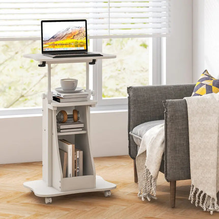 Mobile Podium Stand Height Adjustable Laptop Cart with Tilting Tabletop and Storage Compartments-White - White - Laptop