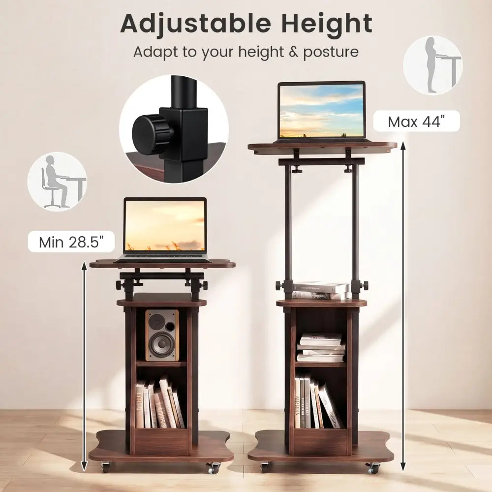 Mobile Podium Stand Height Adjustable Laptop Cart with Tilting Tabletop and Storage Compartments-Brown - Brown - Laptop