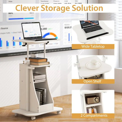 Mobile Podium Stand Height Adjustable Laptop Cart with Tilting Tabletop and Storage Compartments-White - White - Laptop
