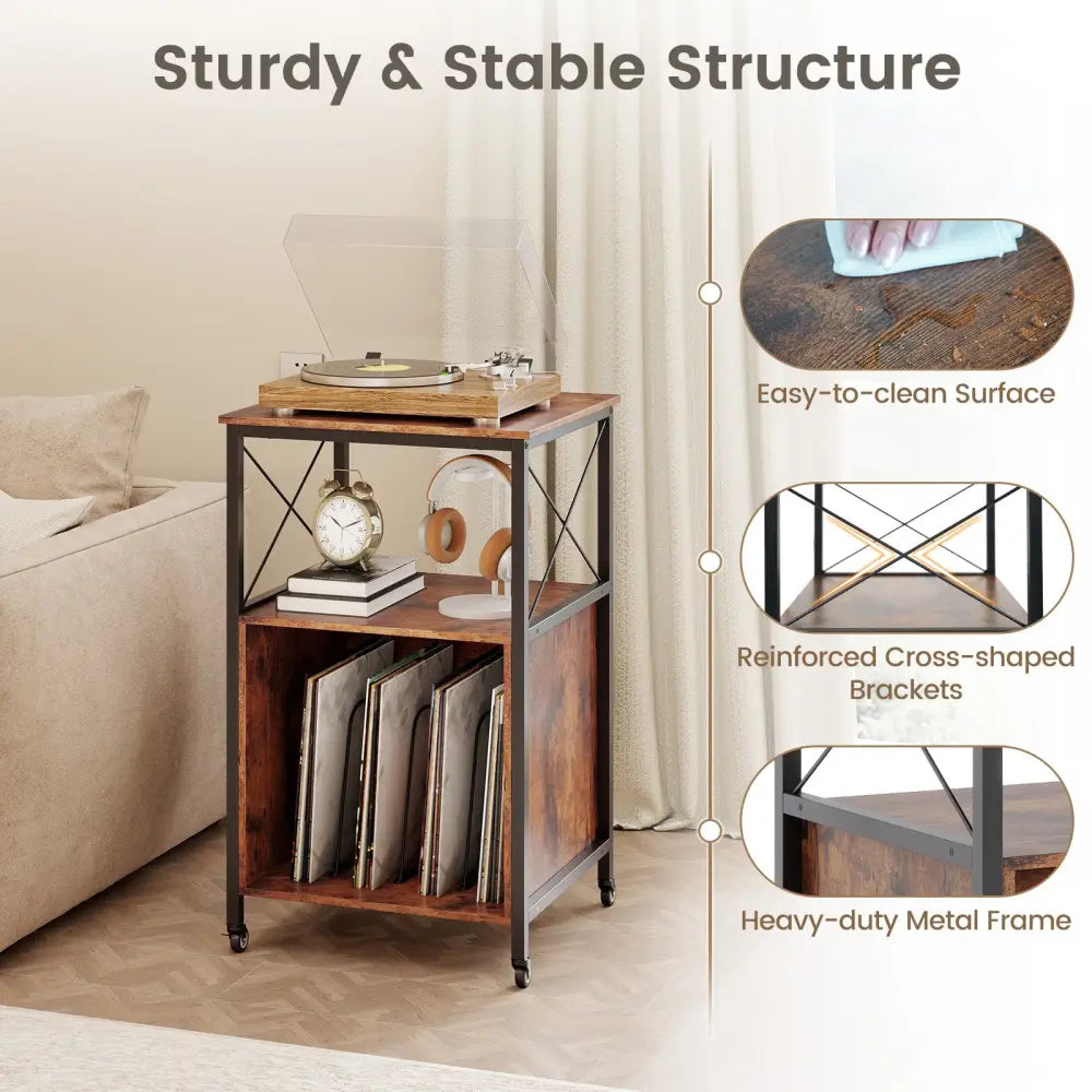 Mobile Record Player Stand with Power Outlet with Open Shelf and Dividers-Rustic Brown - Rustic Brown - End & Side