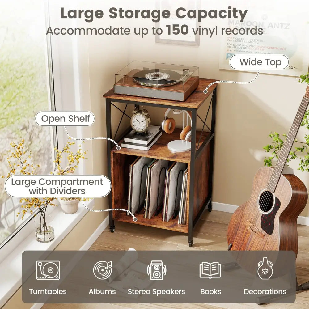 Mobile Record Player Stand with Power Outlet with Open Shelf and Dividers-Rustic Brown - Rustic Brown - End & Side