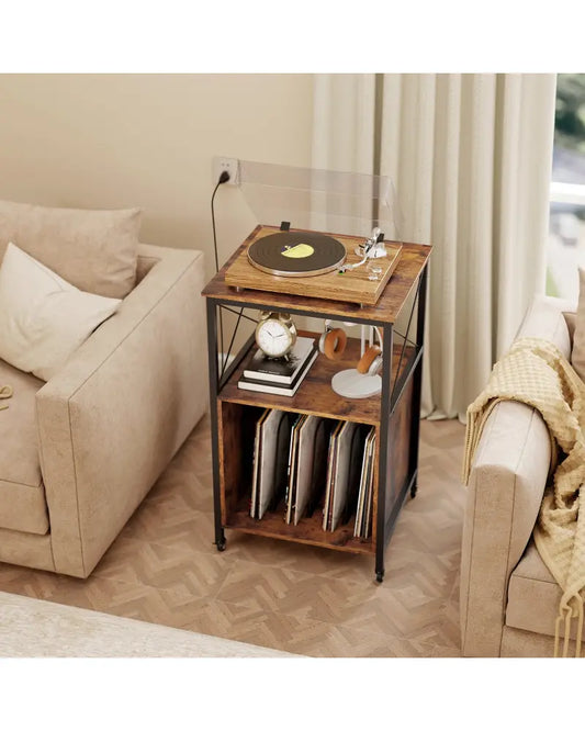 Mobile Record Player Stand with Power Outlet with Open Shelf and Dividers-Rustic Brown - Rustic Brown - End & Side